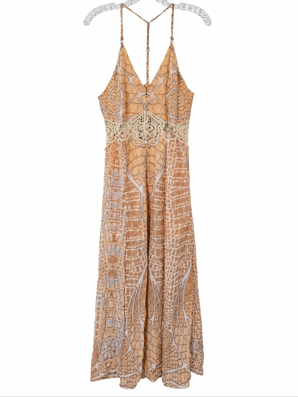 Virgin Only Women's L Boho Maxi Dress Crochet Lace Animal Print Racerback Peach - Picture 3 of 16